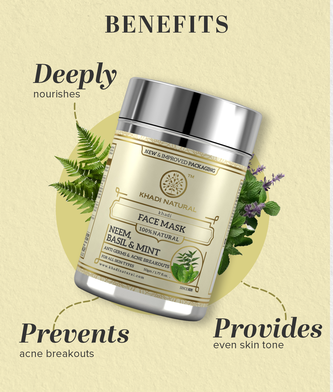 Khadi Natural Neem Basil & Mint Anti Acne Face Pack - 50gm - Image 2 - Buy from Indicrest