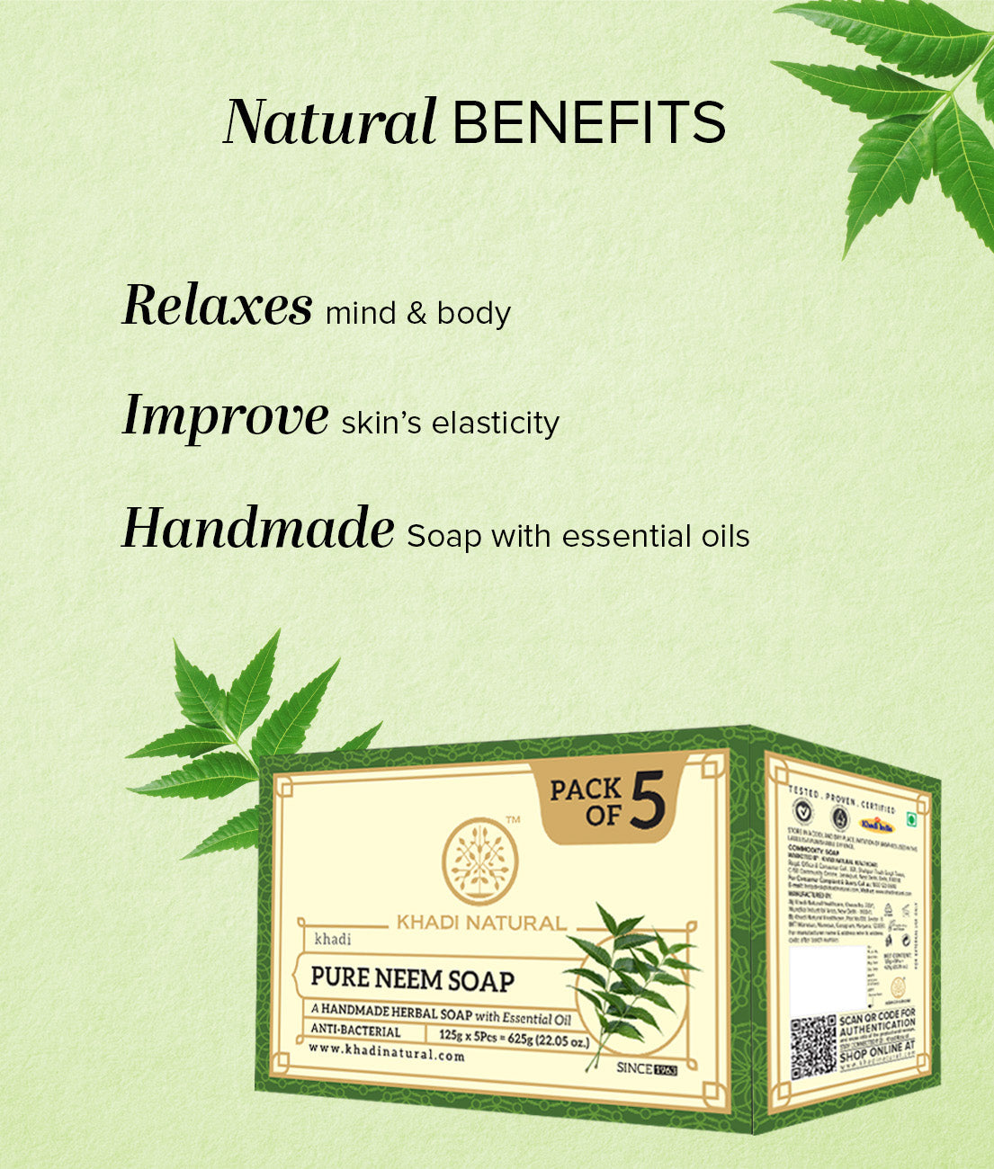 Khadi Natural Herbal Pure Neem Soap Combo Pack Of 5 – 125gm Each - Image 2 - Buy from Indicrest