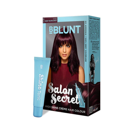 BBLUNT Salon Secret High Shine Crème Hair Colour – Wine Deep Burgundy 4.20 packaging. Buy at Indicrest