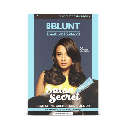 BBlunt Salon Secret High Shine Crème Hair Colour - Chocolate Dark Brown No.3, 152ml packaging Buy at Indicrest