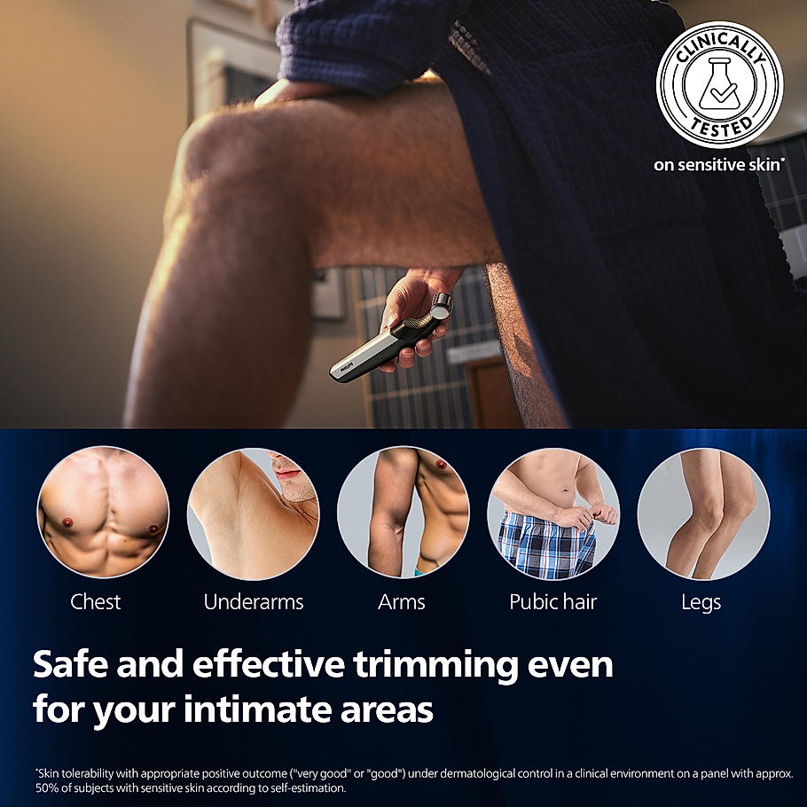 Philips Body Trimmer- for Men Clinically Tested for Sensitive Skin | Patented Pearl Tip & Hypoallergenic foil | Skin Safe Grooming I Trim or Shave Basis Your Style | Showerproof | 2 Year Warranty BG3007/01