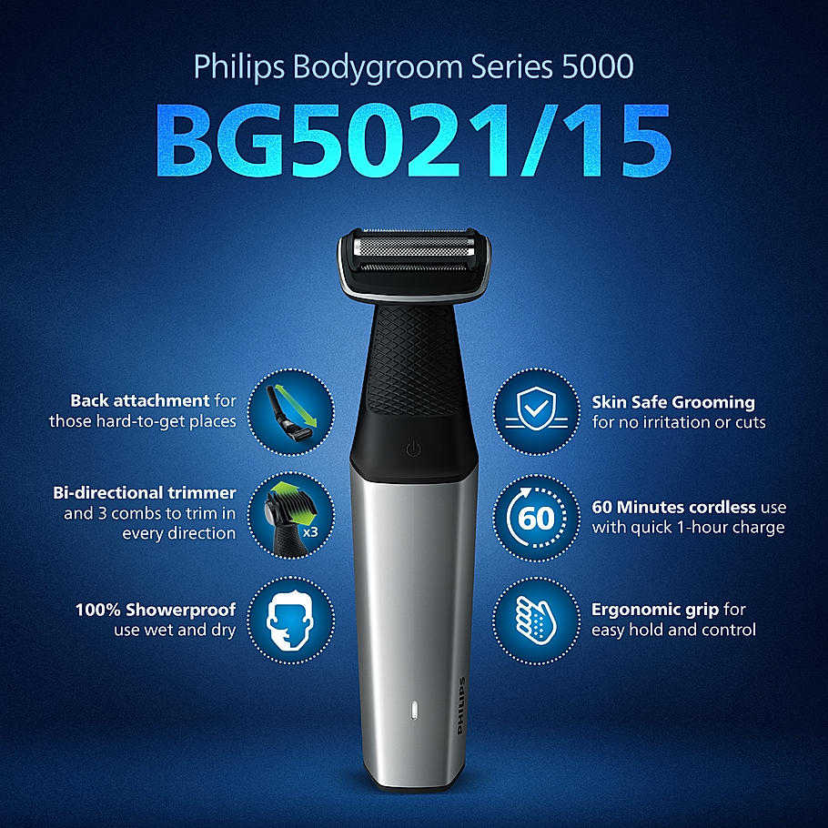 Philips Bodygrooming Trimmer- | Bidirectiol, Showerproof Groin and body trimmer | C2D contour following with skin protect technology | Safe even below the belt | BG5021/15