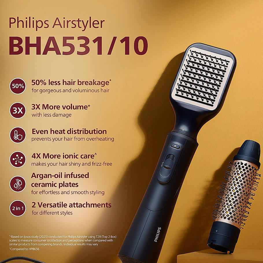 Philips 2 in 1 Airstyler | Volumizer + Blow Dryer Brush + Multi-Styler | 3X Volume & 50% Less Hair Breakage | 2 attachments for Straight and Wavy Looks | Argan Oil Infused plates & 4X more Ionic Care for Shinier, Frizz Free Hair | BHA531/10