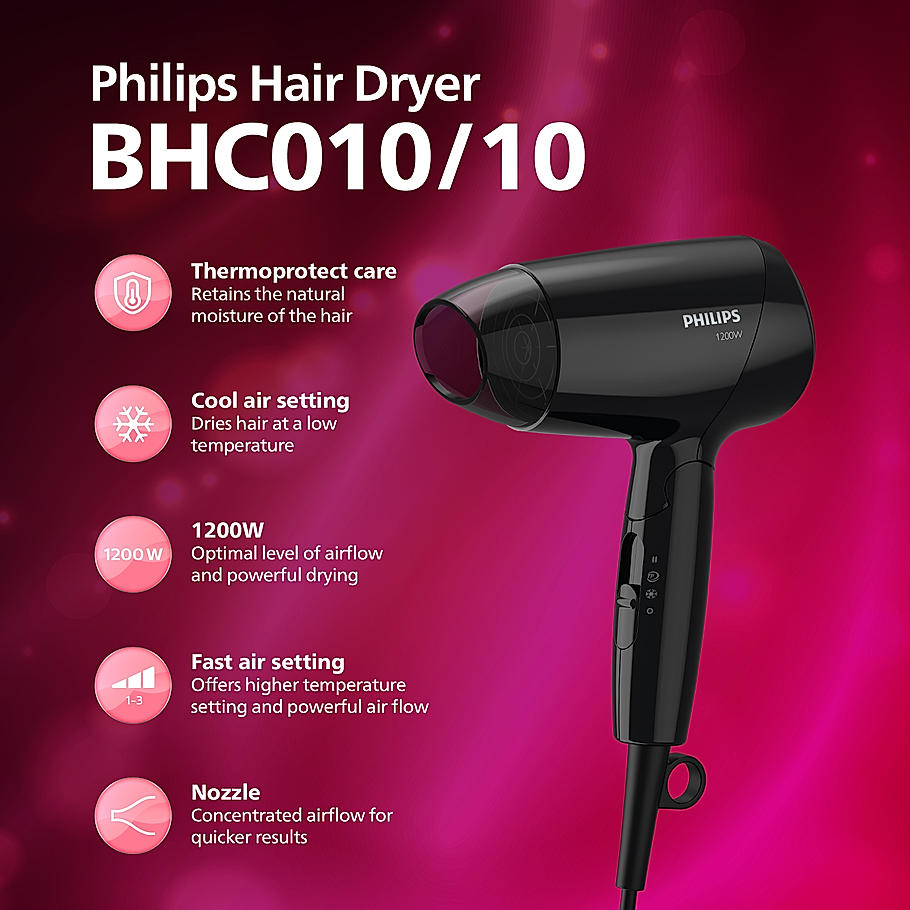 Philips Hair Dryer- Cool Air Setting | Foldable Handle, 3 Flexible Preselected Drying Setting | Compact Design | Travel Friendly | BHC010/10
