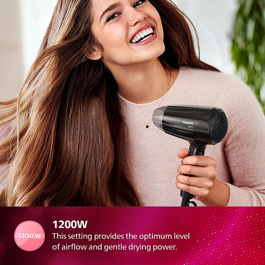 Philips Hair Dryer- Cool Air Setting | Foldable Handle, 3 Flexible Preselected Drying Setting | Compact Design | Travel Friendly | BHC010/10