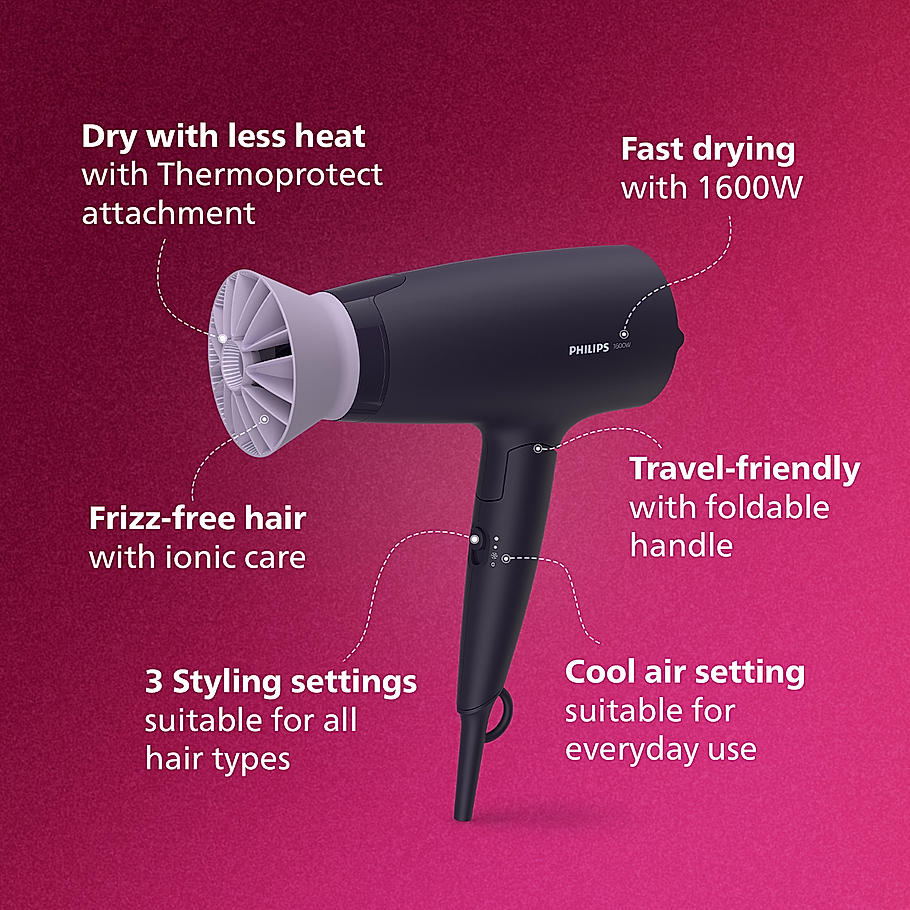 Philips Hair Dryer- Powerful Drying with Less Heat I Advanced Ionic Care for smooth and Shiny Salon Like Looks , 1600 W I Men and Women , Cool Shot , ThermoProtect Care , Travel friendly BHD318/00