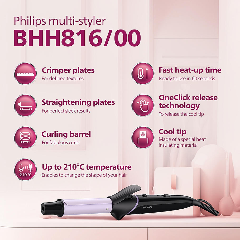 Philips Multi Styler - | Straighten, Curl or Crimp with a Single Tool | Quick Click Release Technology | BHH816/00