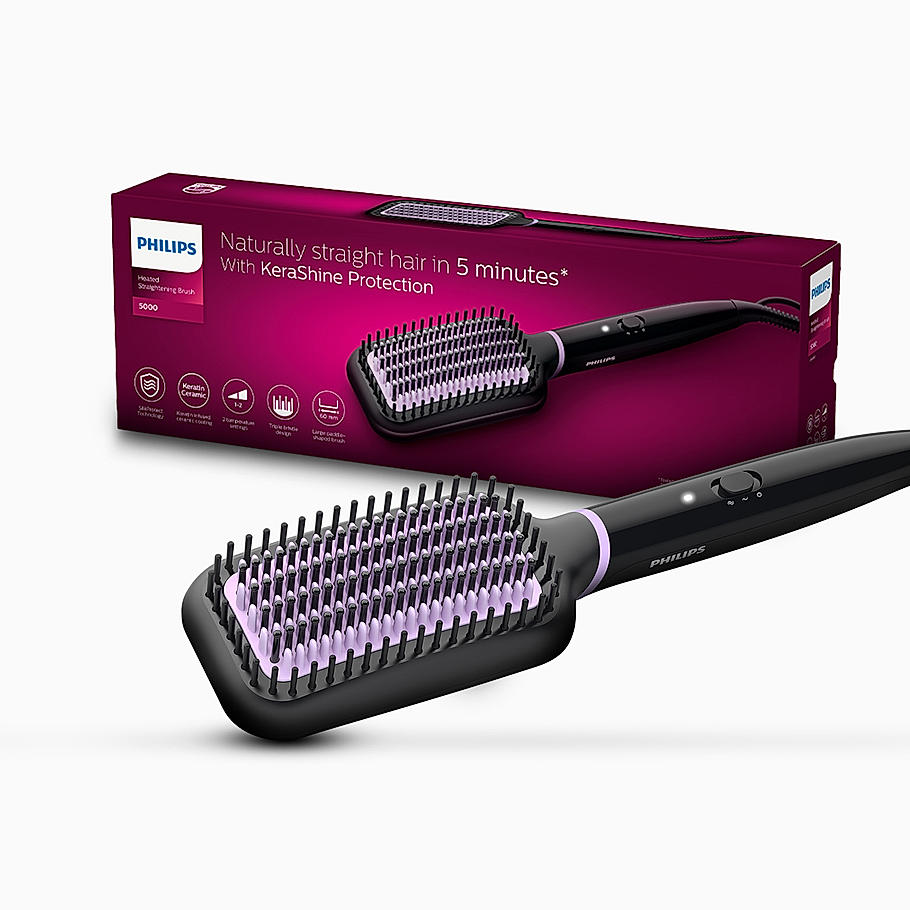 Philips Hair Straightener Brush- | Everyday Styling with Kerashine Care in 5 mins , ThermoProtect Technology I tural Straight, Shiny and Frizz Free Hair , Triple Bristle Design BHH880/10