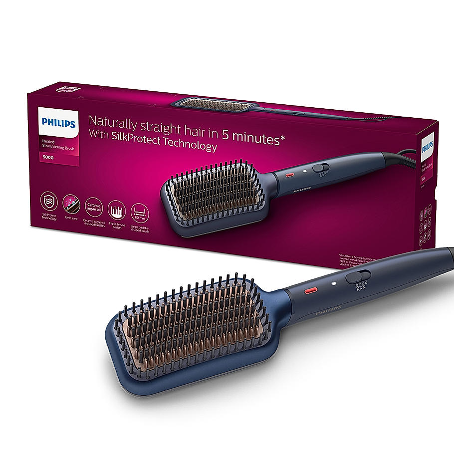 Philips Hair Straightening Brush- BHH885/10 (New) ThermoProtect Technology, Ionic care, Argan Oil Infusion & Extra Large Brush, 50 Watts, Black