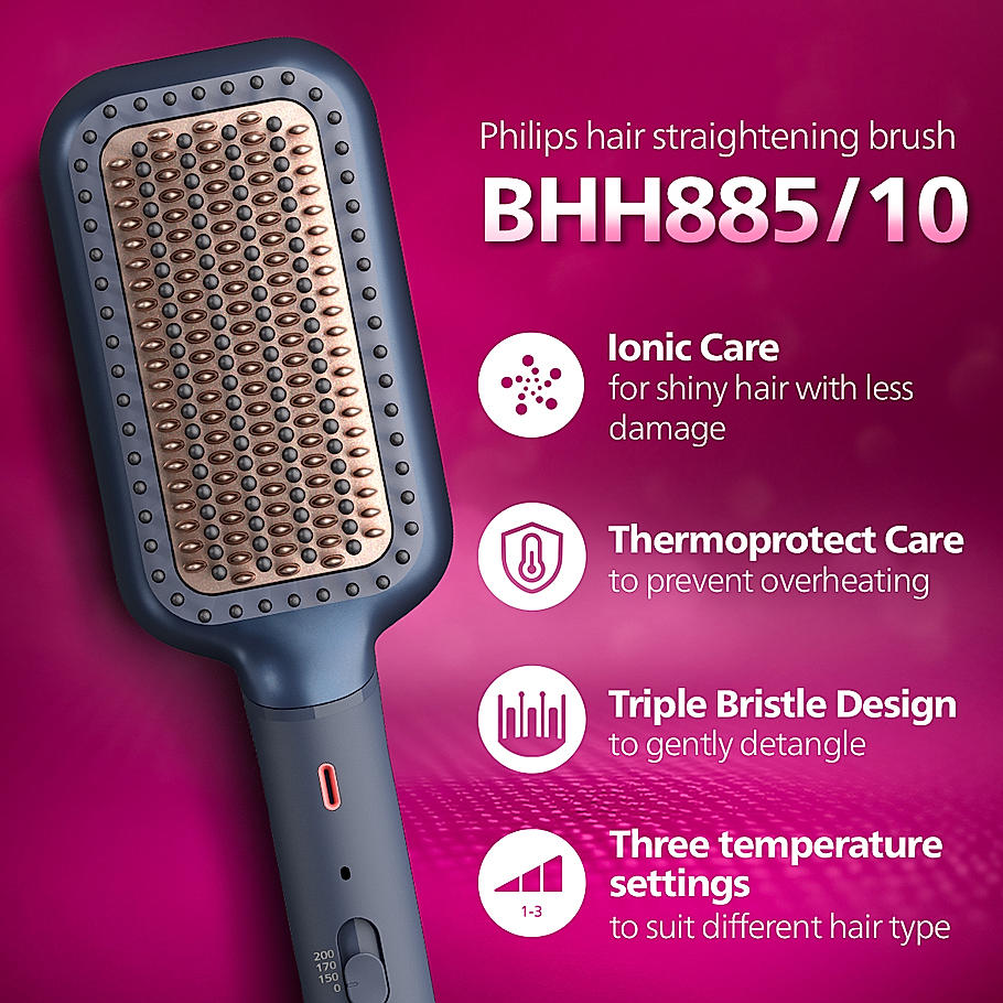 Philips Hair Straightening Brush- BHH885/10 (New) ThermoProtect Technology, Ionic care, Argan Oil Infusion & Extra Large Brush, 50 Watts, Black