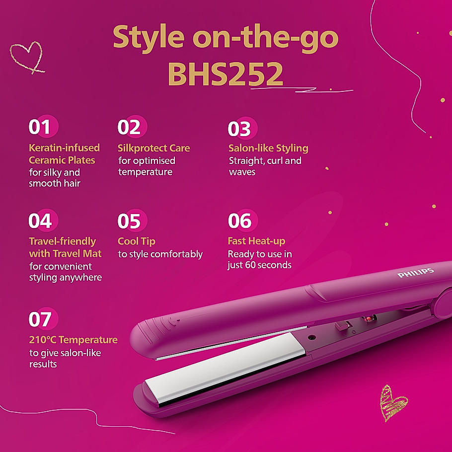Philips Hair Straightener - I SilkProtect Technology minimizes heat damage I Keratin infused Ceramic plates for glossy frizz-free straight hair | On-the-Go Travel Friendly Hair Straightener for Women | BHS252/00