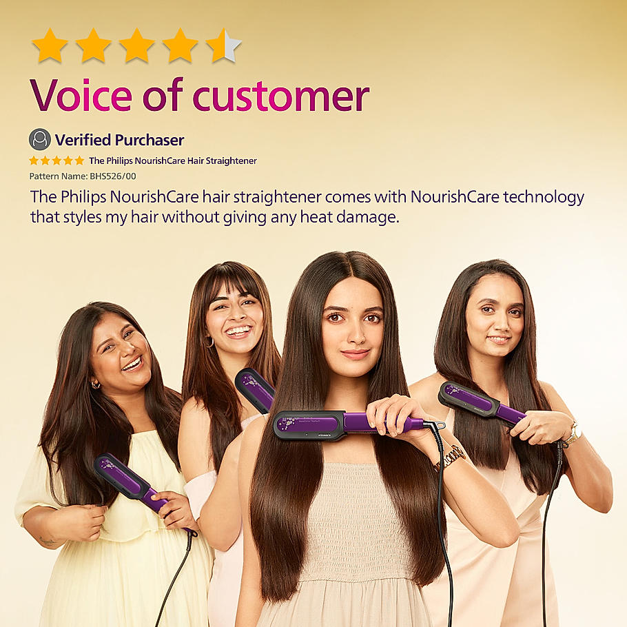 Philips NourishCare- India's First Hair Straightener designed for No Heat Damage I Uniquely designed NourishCare & Kerashine Technology for Styling with heat protection , Moisture Lock for Nourished Hair , Detachable Serum strips & Brackets , BHS526/