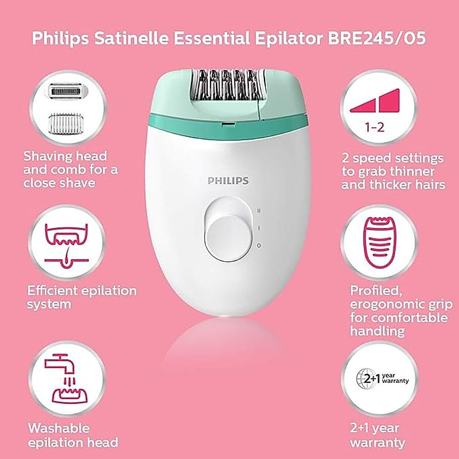 Philips Epilator - 2 in 1 Shaver and Epilator | Corded Epilator for Gentle hair removal at home | BRE245/00