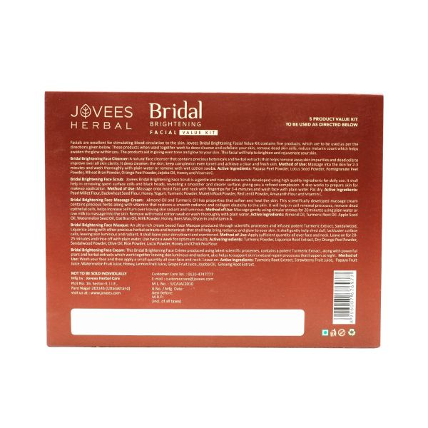 Back of a Jovees Herbal Bridal Brightening Facial Kit packaging with text and branding.