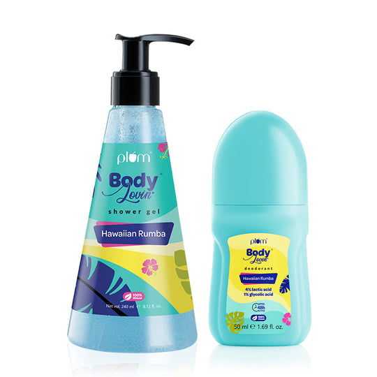 Plum Beachy Fresh Shower Gel & Roll On Duo by Plum BodyLovin' | Hawaiian Rumba Shower Gel | Hawaiian Rumba Roll On | Sls Free | Aloe-Infused Formula | 4% Lactic Acid & 1% Glycolic Acid | Controls Odor & Fades Underarm Darkness | Fresh Beachy Fragrance Buy at Indicrest