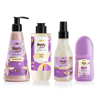 Plum Best of Vanilla Vibes Bath & Body Bundle by Plum BodyLovin' new | Warm Vanilla Fragrance | Vanilla Vibes Body Wash | Vanilla Vibes Body Oil | Vanilla Vibes Deodorant Roll On | Vanilla Vibes Body Mist | Smell Like A Cupcake