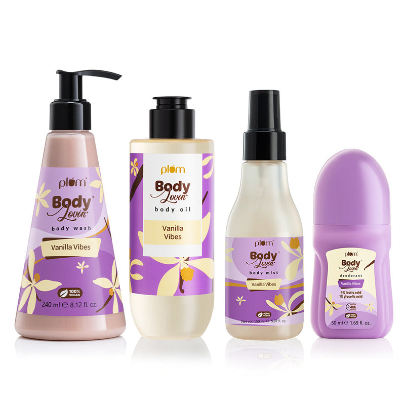 Plum Best of Vanilla Vibes Bath & Body Bundle by Plum BodyLovin' new | Warm Vanilla Fragrance | Vanilla Vibes Body Wash | Vanilla Vibes Body Oil | Vanilla Vibes Deodorant Roll On | Vanilla Vibes Body Mist | Smell Like A Cupcake Buy at Indicrest