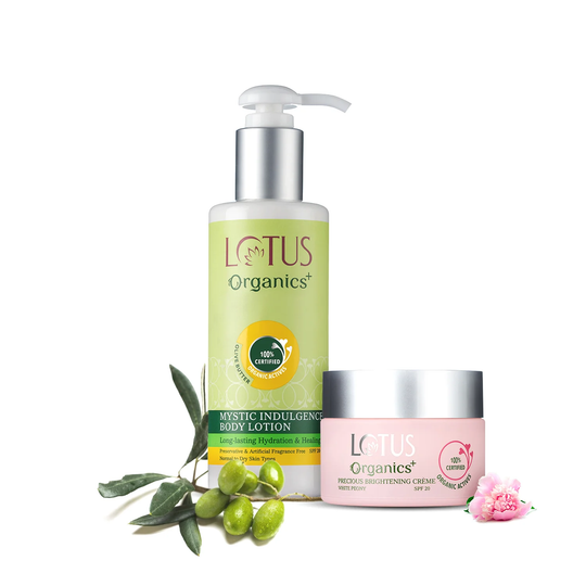 Lotus Herbals Organics+ Body Brightening Indulgence Set, Mystic Indulgence Body Lotion 200mlPrecious Brightening Creme 50g