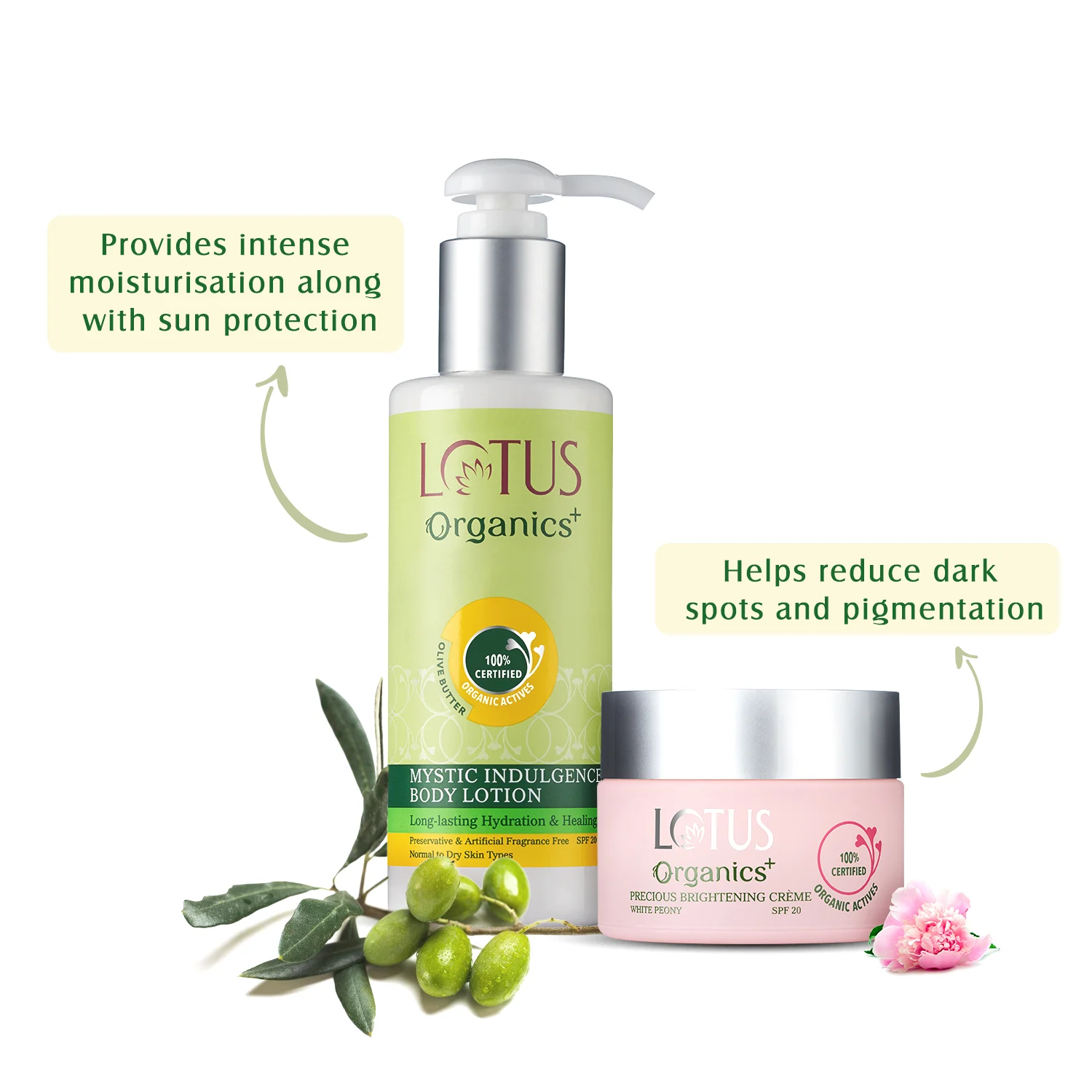 Lotus Herbals Organics+ Body Brightening Indulgence Set, Mystic Indulgence Body Lotion 200mlPrecious Brightening Creme 50g