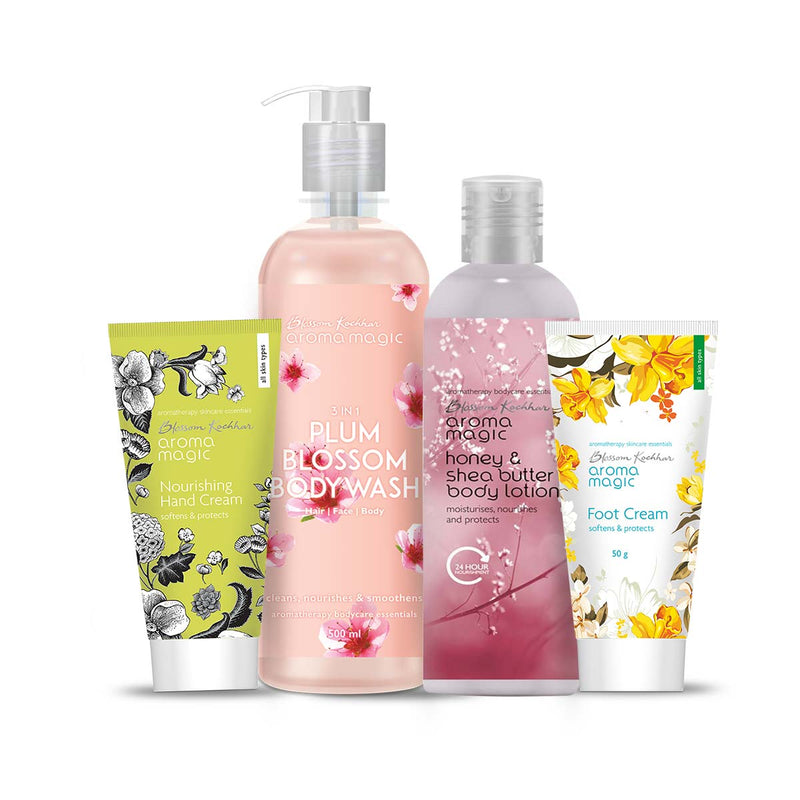 Aroma Magic Body Care Regime, Body Wash 500ml + Honey and Shea Butter Body Lotion 220ml + Nourishing Hand Cream 50g + Foot Cream 50g - Buy from Indicrest