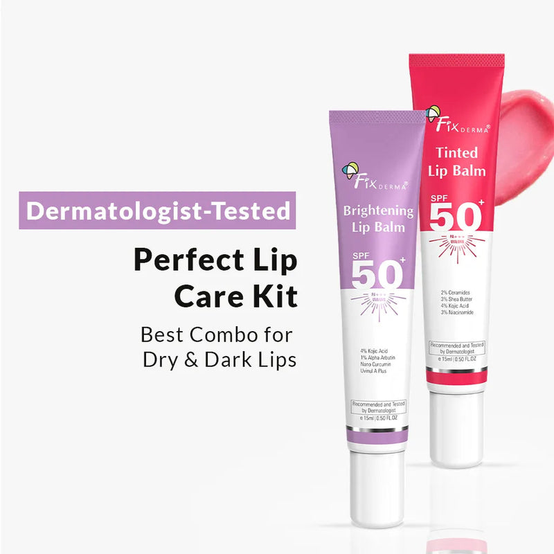 Fixderma Brightening & Tinted Lip Balm with SPF 50+ | Perfect Lip Care Kit for Dry & Dark Lips, Lip Balm 15ml + Tinted Lip Balm 15ml - Buy from Indicrest