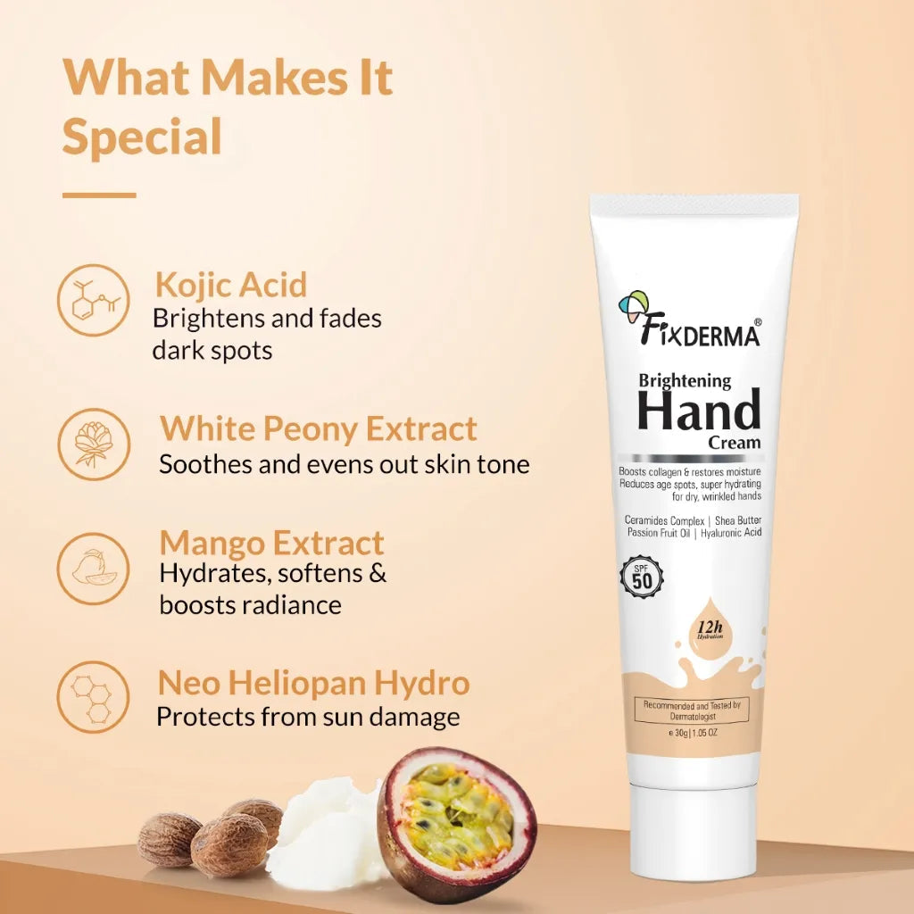 Fixderma Brightening Hand Cream | 12-Hr Nourishment With SPF 50 Protection For Hands, 30g - Image 3 - Buy from Indicrest