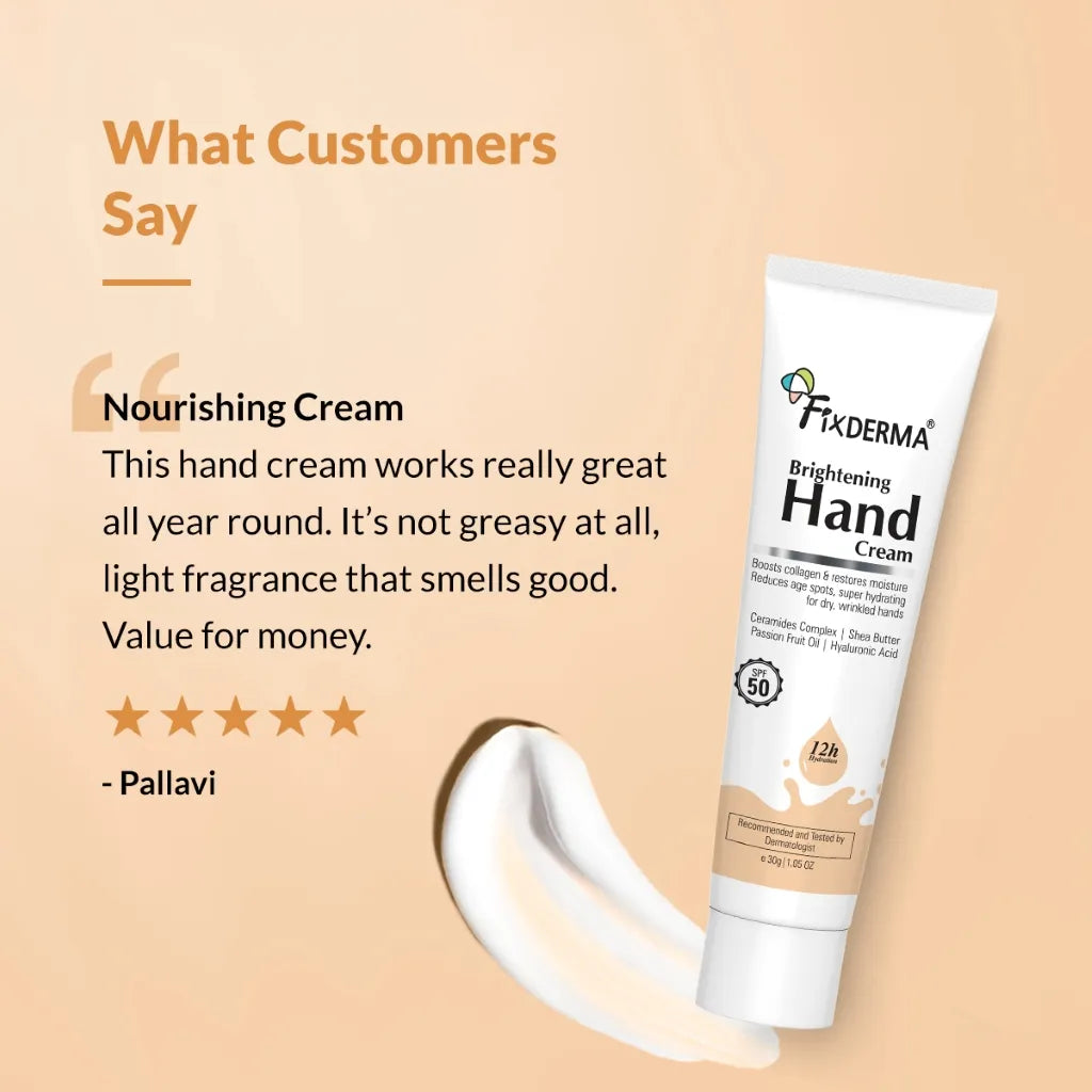 Fixderma Brightening Hand Cream | 12-Hr Nourishment With SPF 50 Protection For Hands, 30g - Image 2 - Buy from Indicrest