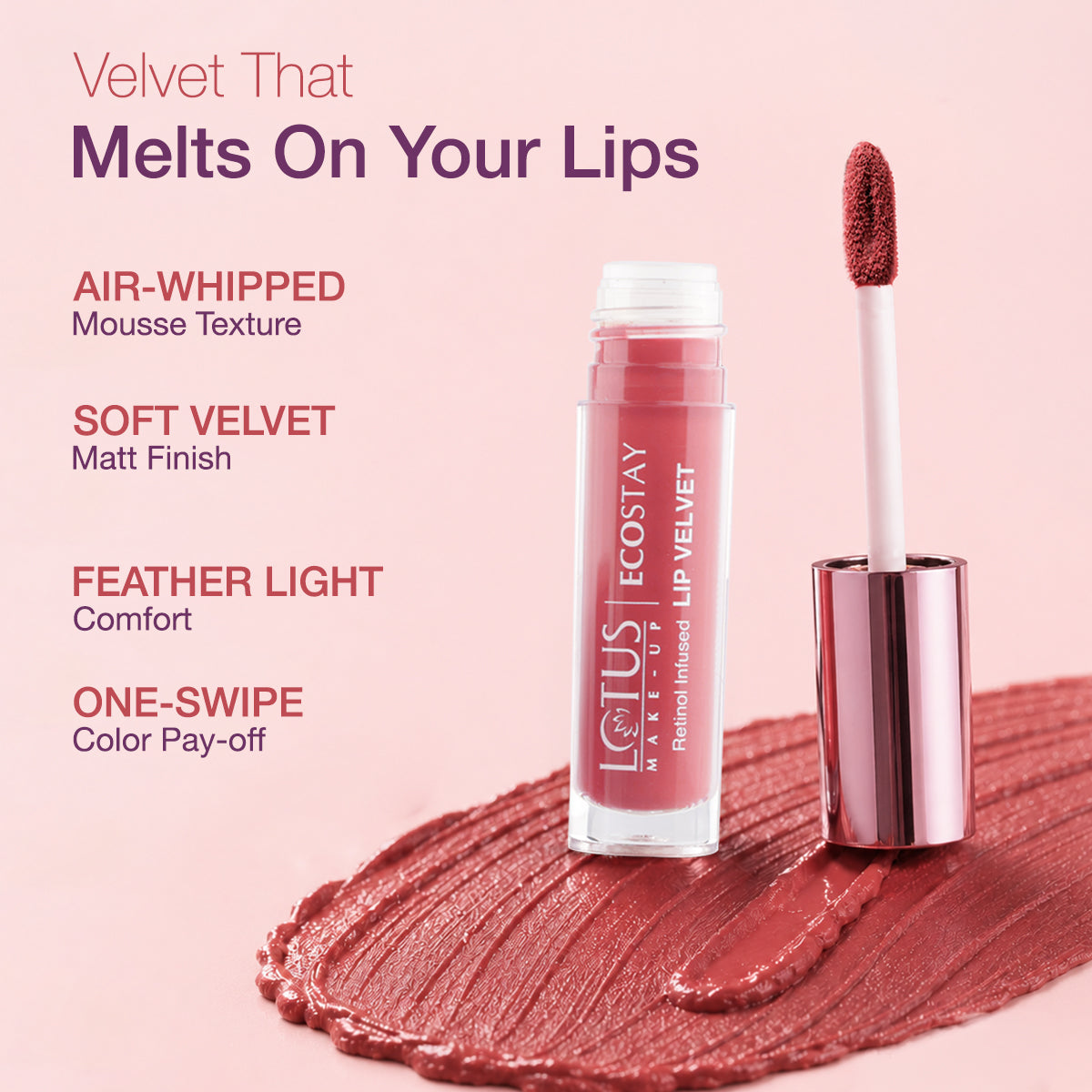 Lotus Herbals Make-up Ecostay Lip Velvet Matte Lip Color with Retinol, CRIMSON SILK ELM03, 4ml
