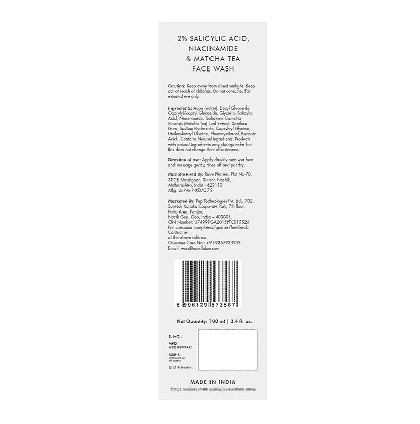 Mcaffeine 2% Salicylic Acid Niacinamide & Matcha Tea Face Wash, 100ml - Image 9 - Buy from Indicrest