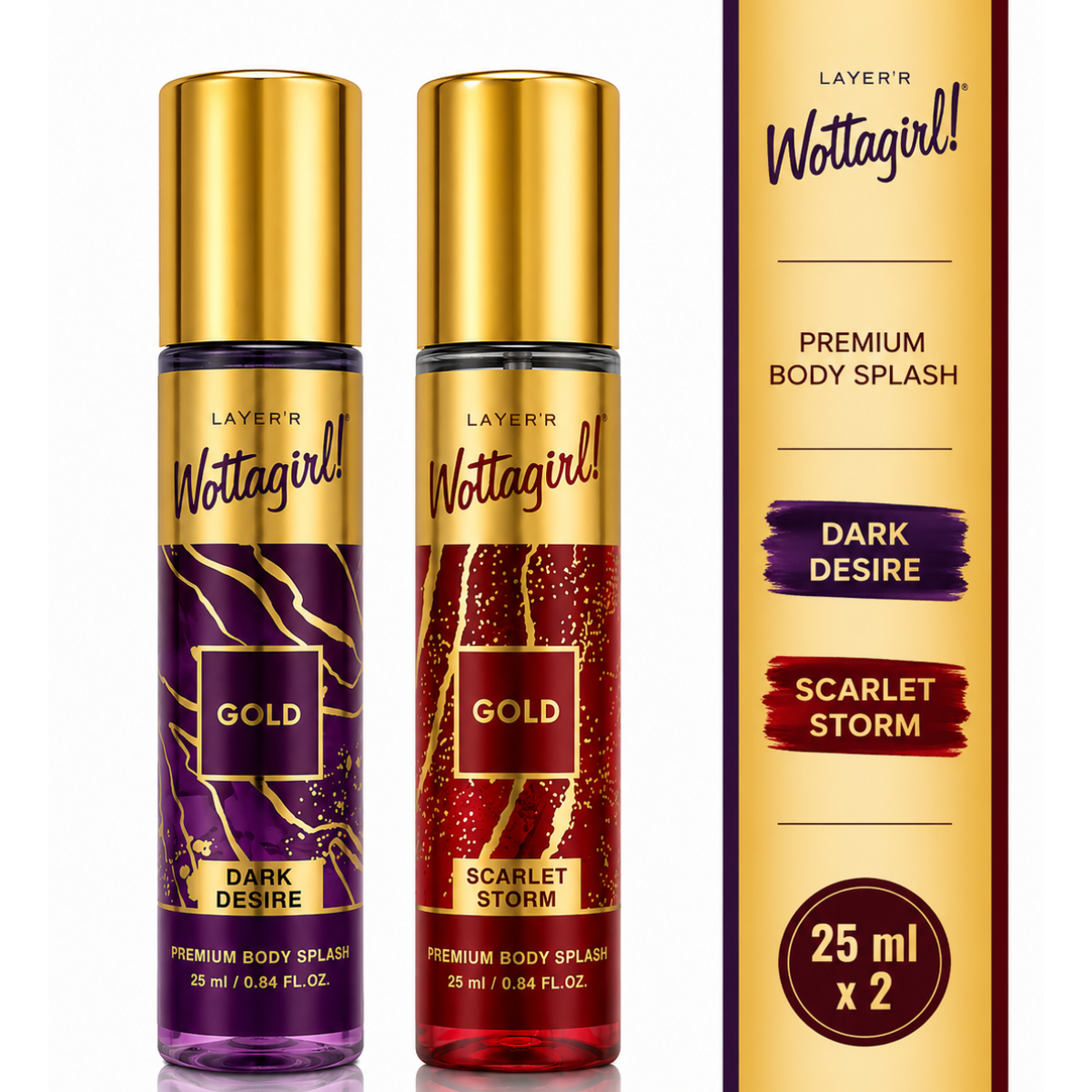 Wottagirl Gold Body Splash Combo (Dark Desire & Scarlet Storm) - 25ml x 2 - Buy from Indicrest