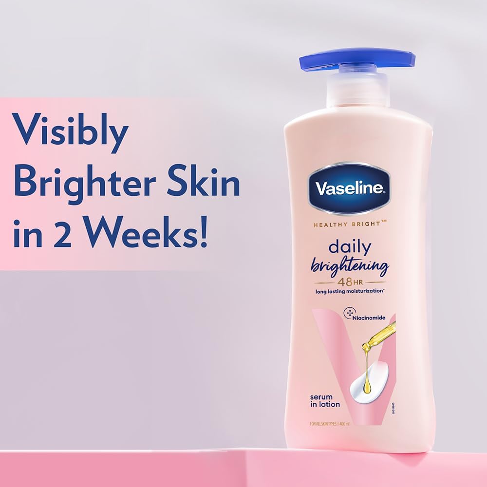 Vaseline daily brightening lotion bottle with promotional text on a light gray background