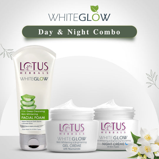 Lotus Herbals WhiteGlow Day and Night Pack, Facewash 100g + gel Creme 60g + Night Creme 60g
