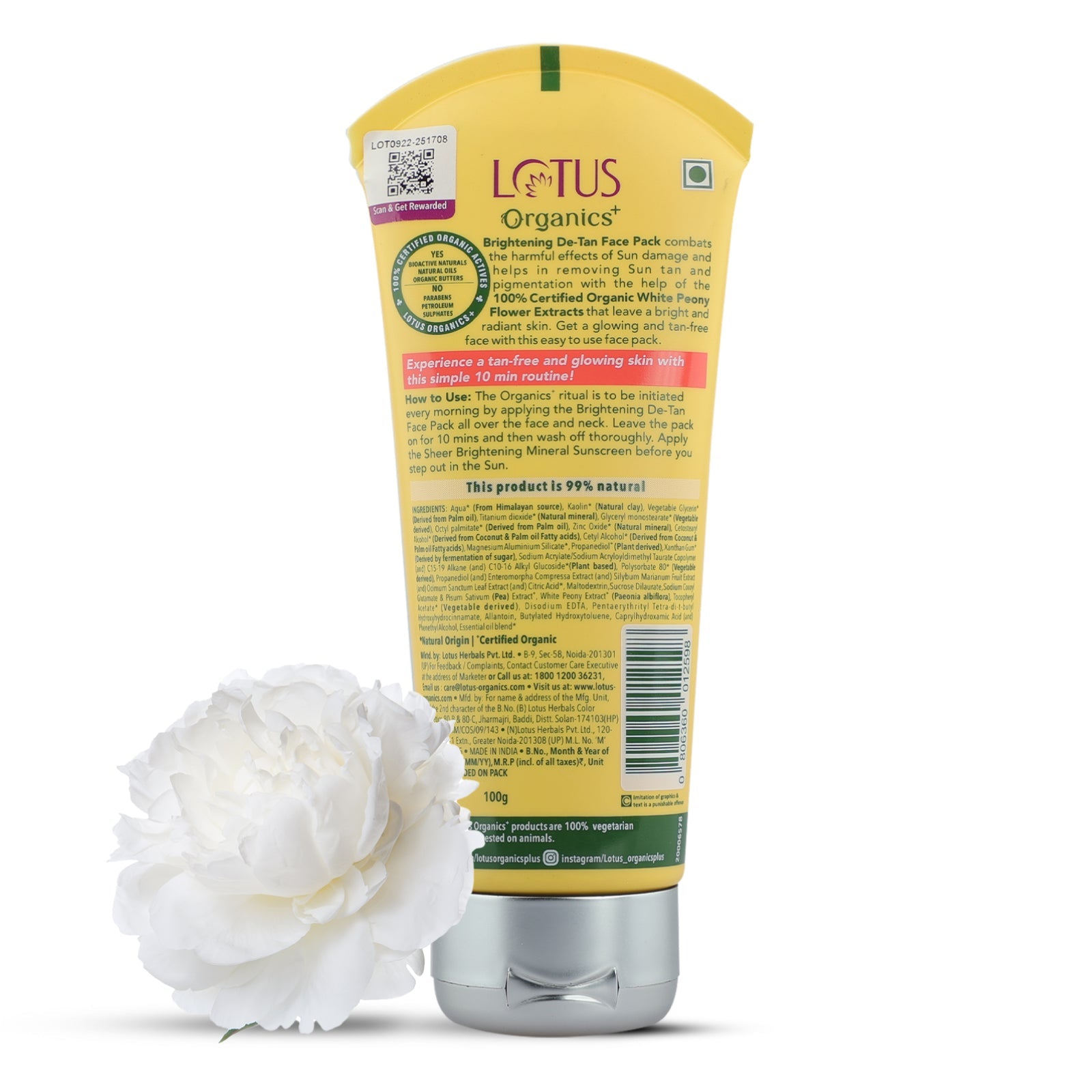 Lotus Herbals Organics+ Brightening De-Tan Face Pack, 100g