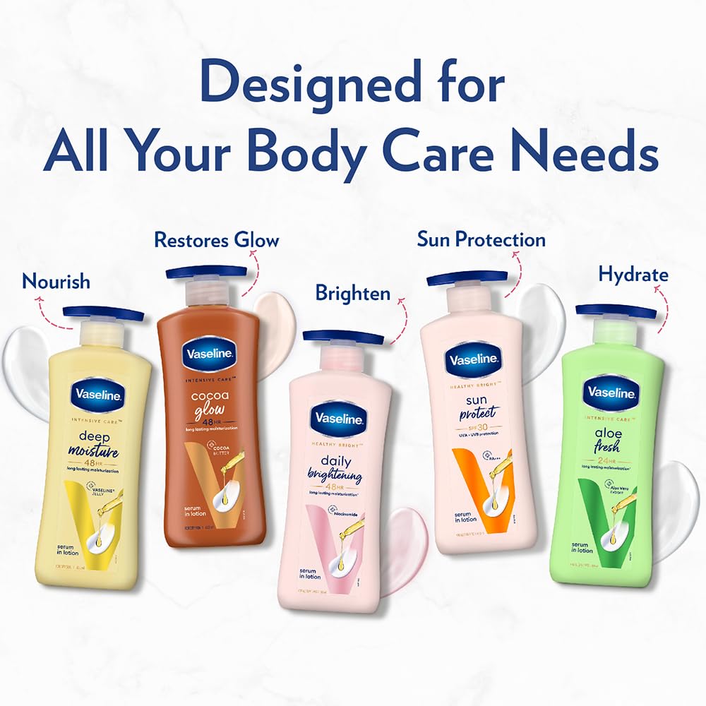 Vaseline body care products with text highlighting features on a white background