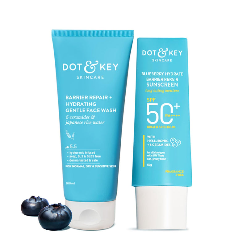 Dot & Key Barrier Repair + Hydrating Face Wash & Blueberry Sunscreen SPF 50+ PA++++ Combo | For Dry & Sensitive Skin | 100ml + 50g Buy at Indicrest