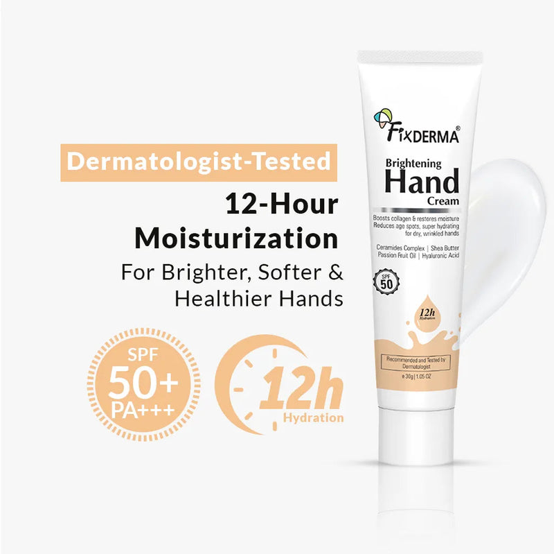 Fixderma Brightening Hand Cream | 12-Hr Nourishment With SPF 50 Protection For Hands, 30g - Buy from Indicrest