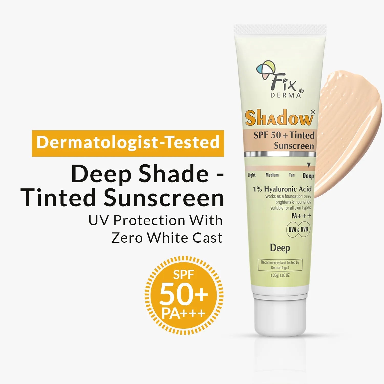Fixderma Shadow SPF 50+ Tinted Sunscreen | 1% Hyaluronic Acid sunscreen, available in four flexible shades, 30g - Image 5 - Buy from Indicrest