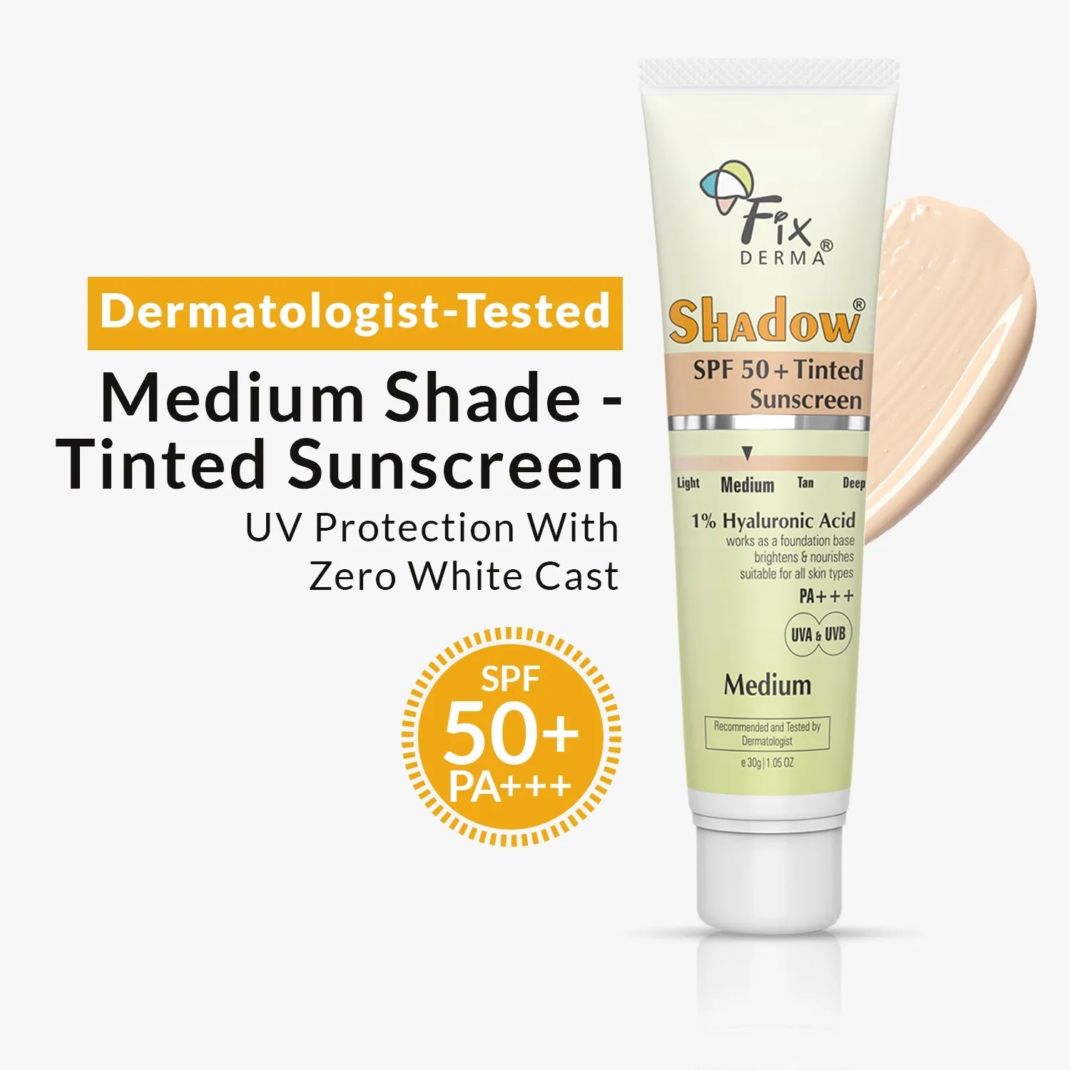 Fixderma Shadow SPF 50+ Tinted Sunscreen | 1% Hyaluronic Acid sunscreen, available in four flexible shades, 30g - Image 7 - Buy from Indicrest