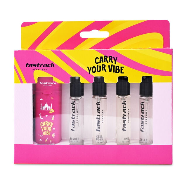 Skinn By Titan Fastrack Discovery Perfume for Women | Best for travel & for gift | 8ml x 4 Premium Scents- Girl Boss, Lush, Celeb & Wander | Fresh & Woody | 32ml - Buy from Indicrest