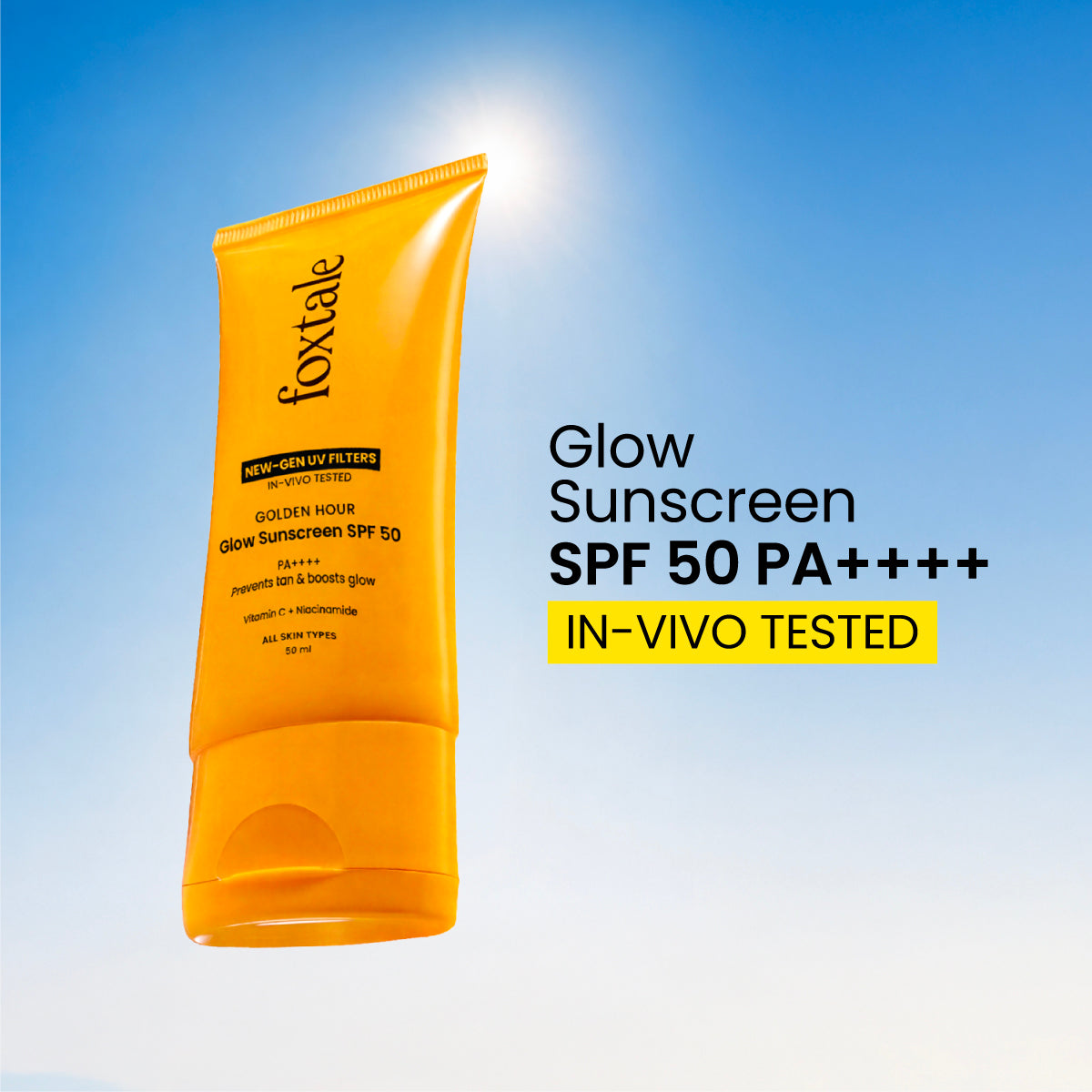 Foxtale Glow sunscreen SPF 50, In-Vivo Tested with PA++++ Bright, Protected Skin with Vitamin C + Niacinamide | 100% New-Gen UV Filters | 50ml - Image 11 - Buy from Indicrest