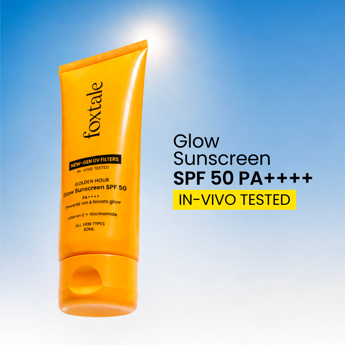 Foxtale Glow sunscreen SPF 50, In-Vivo Tested with PA++++ Bright, Protected Skin with Vitamin C + Niacinamide | 100% New-Gen UV Filters | 80ml - Image 9 - Buy from Indicrest