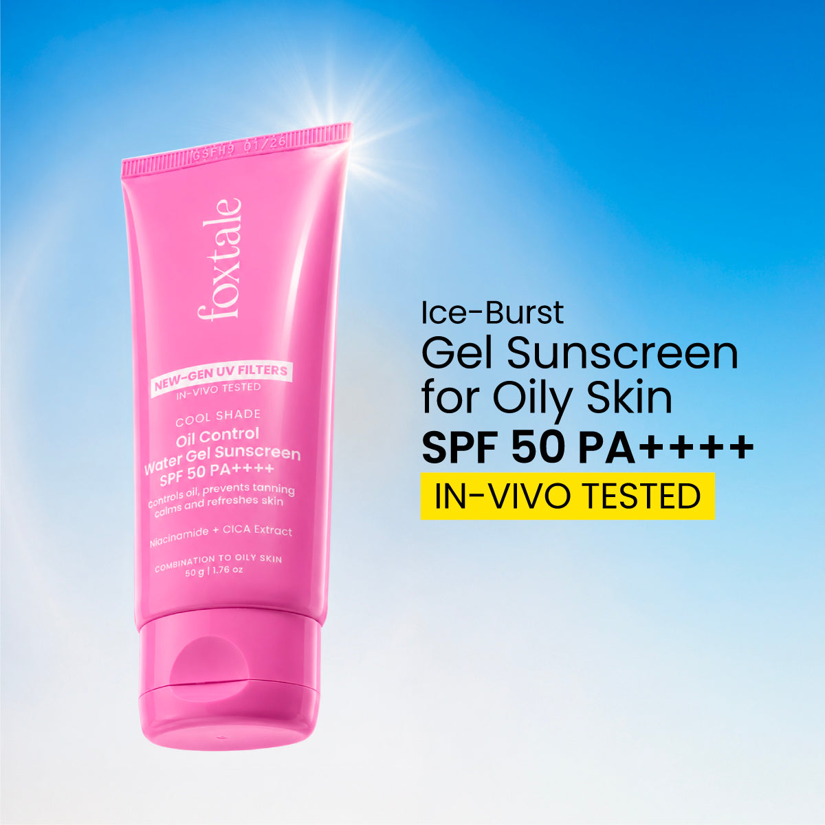 Foxtale Ice-burst Cooling SPF 50 Matte Gel Sunscreen for Oily skin | In-Vivo Tested Mattifies & Controls Oil | Lightweight & Non-Comedogenic | 100% New-Gen UV Filters | No White Cast | 50g - Image 2 - Buy from Indicrest