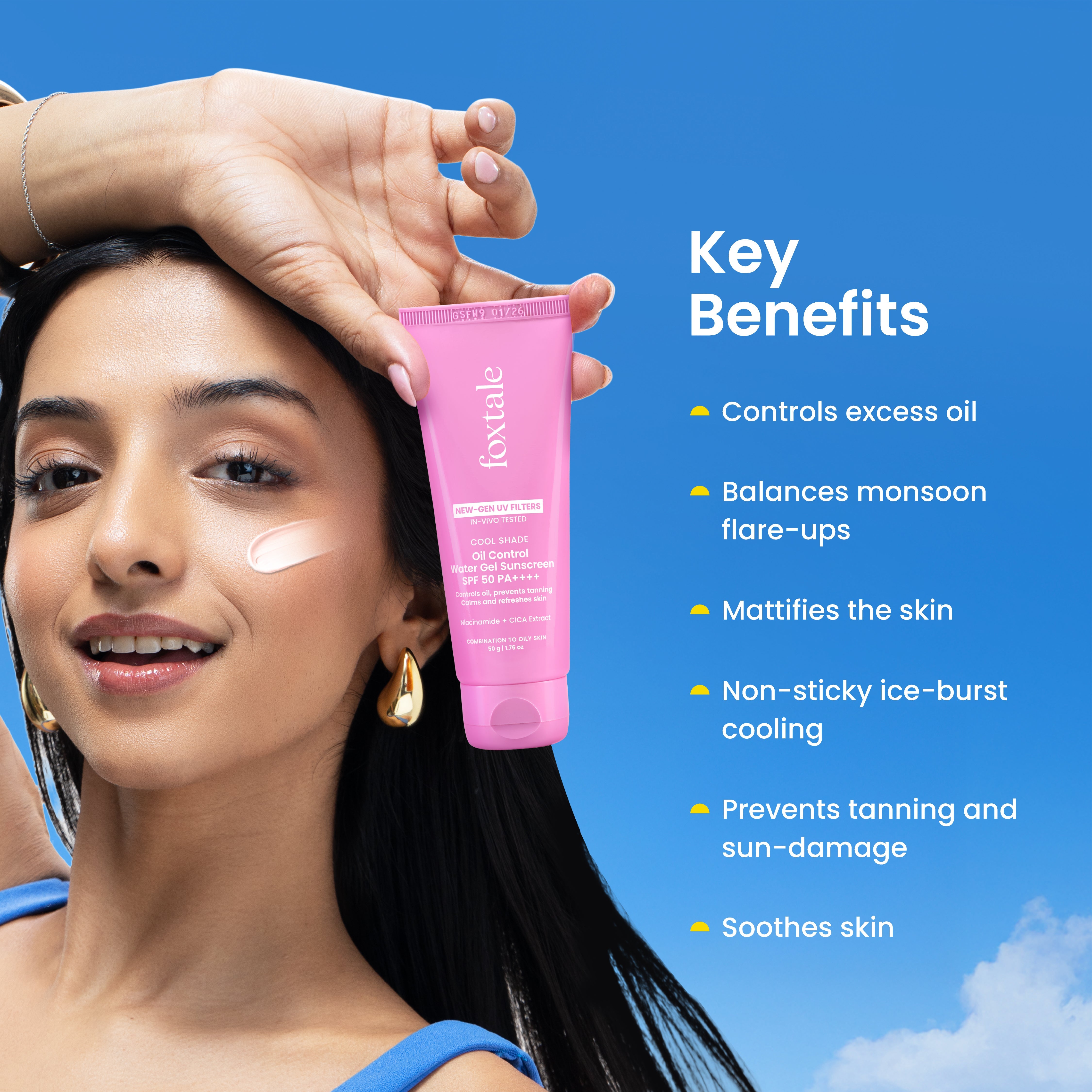 Foxtale Ice-burst Cooling SPF 50 Matte Gel Sunscreen for Oily skin | In-Vivo Tested Mattifies & Controls Oil | Lightweight & Non-Comedogenic | 100% New-Gen UV Filters | No White Cast | 50g - Image 3 - Buy from Indicrest