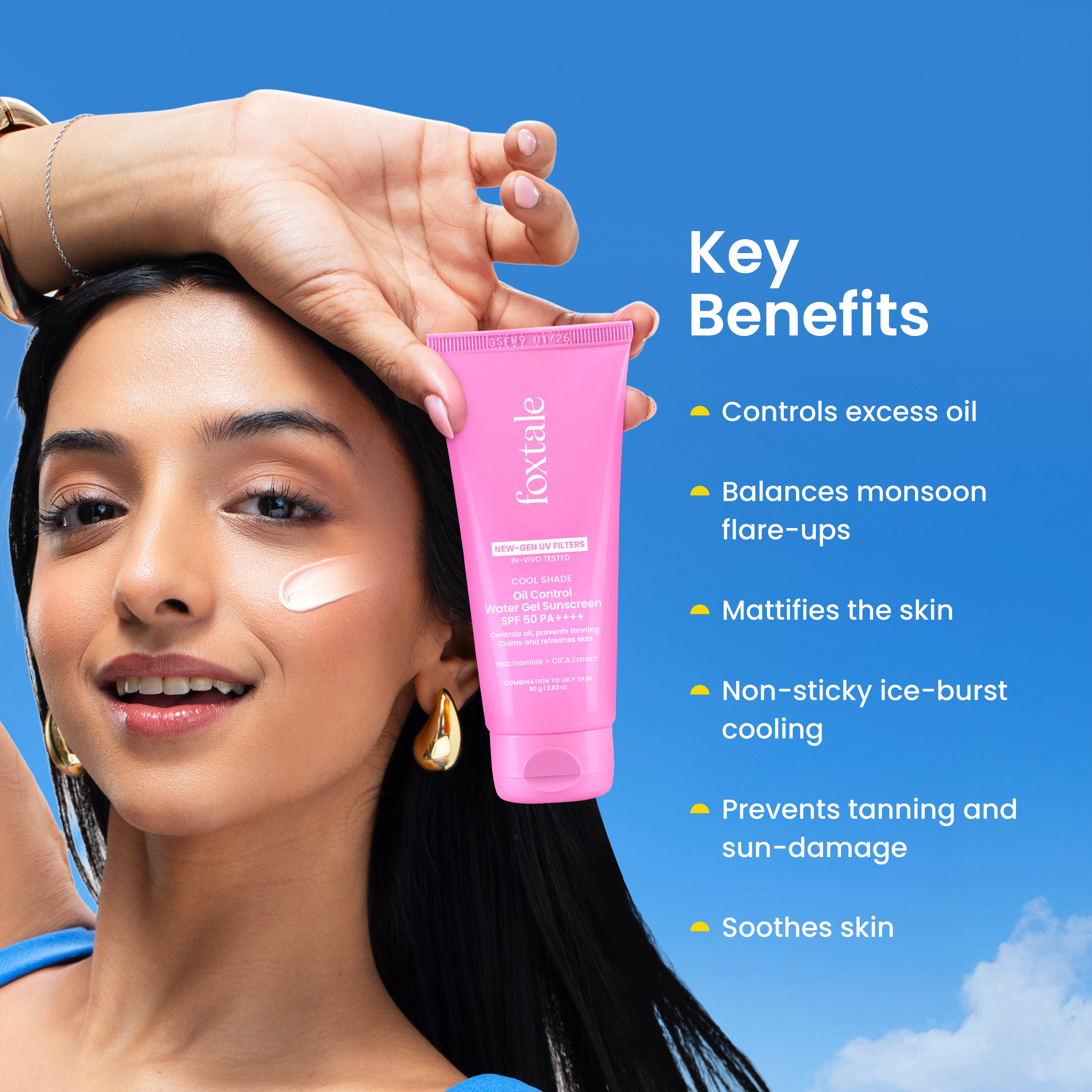 Foxtale Ice-burst Cooling SPF 50 Matte Gel Sunscreen for Oily skin | In-Vivo Tested Mattifies & Controls Oil | Lightweight & Non-Comedogenic | 100% New-Gen UV Filters | No White Cast | 80g - Image 2 - Buy from Indicrest