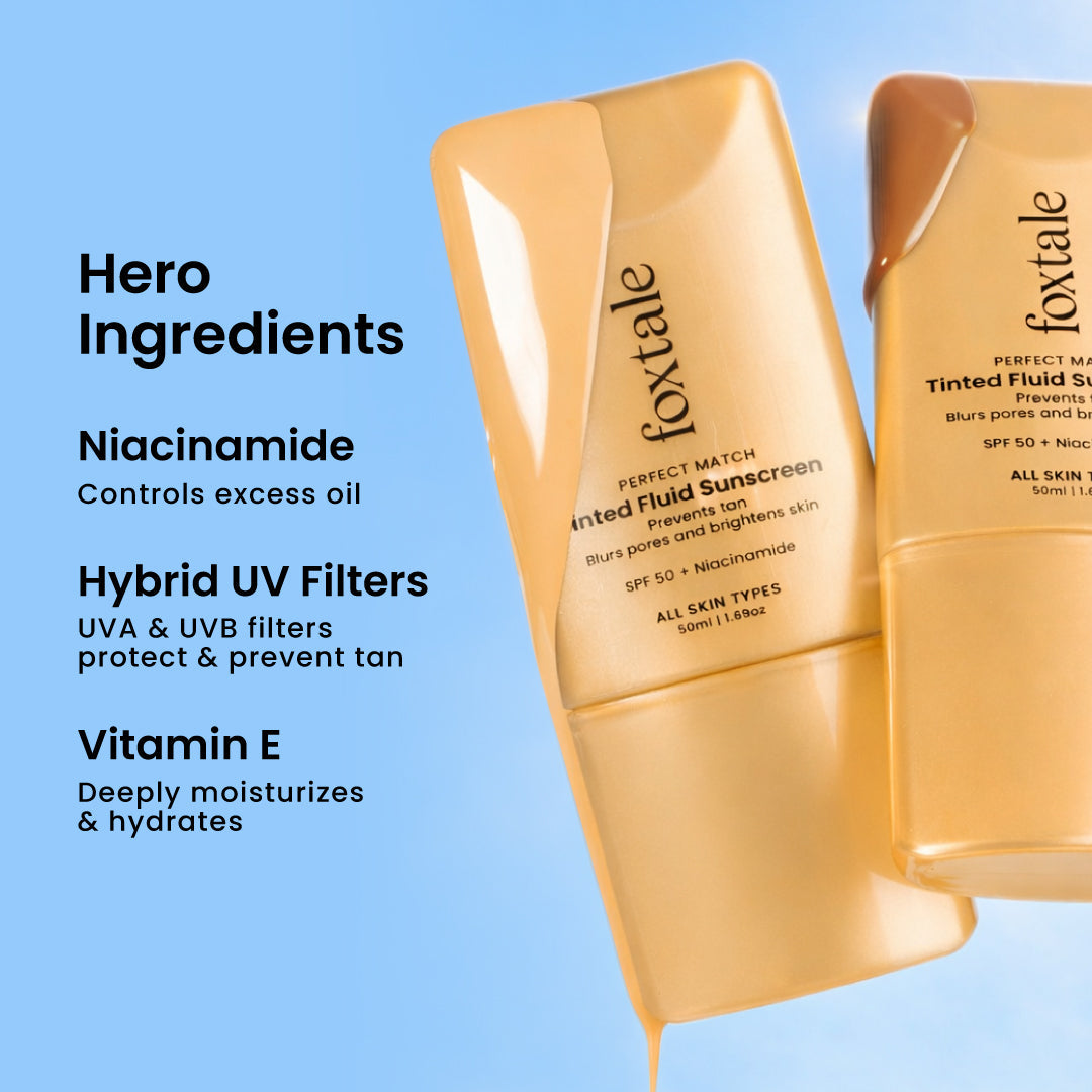 Foxtale SPF 50 Tinted Fluid Sunscreen with Niacinamide Visibly even-toned, glowing skin that stays fresh & luminous, all day | 100% New-Gen Filters | In-Vivo Tested | 50 ml | Clay - Image 3 - Buy from Indicrest
