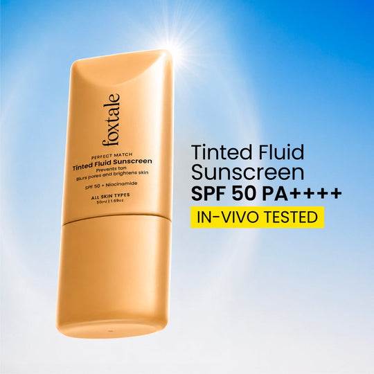 Foxtale SPF 50 Tinted Fluid Sunscreen with Niacinamide Visibly even-toned, glowing skin that stays fresh & luminous, all day | 100% New-Gen Filters | In-Vivo Tested | 50 ml | Clay - Buy from Indicrest