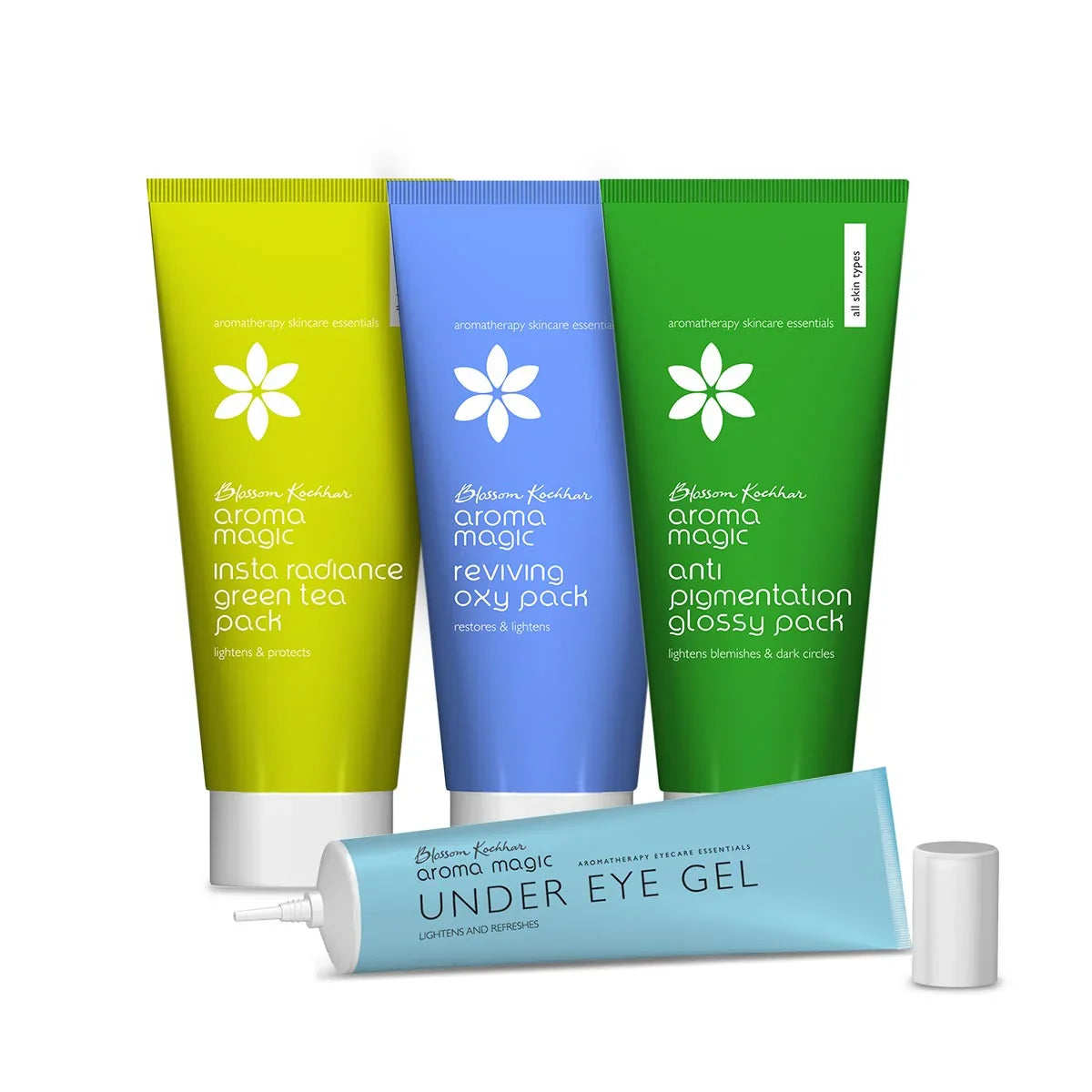 Aroma Magic Face Pack Combo, Insta radiance pack 100g + Reviving Oxy pack 100g + Anti-pigmentation pack 100g + Under eye gel 20g - Buy from Indicrest