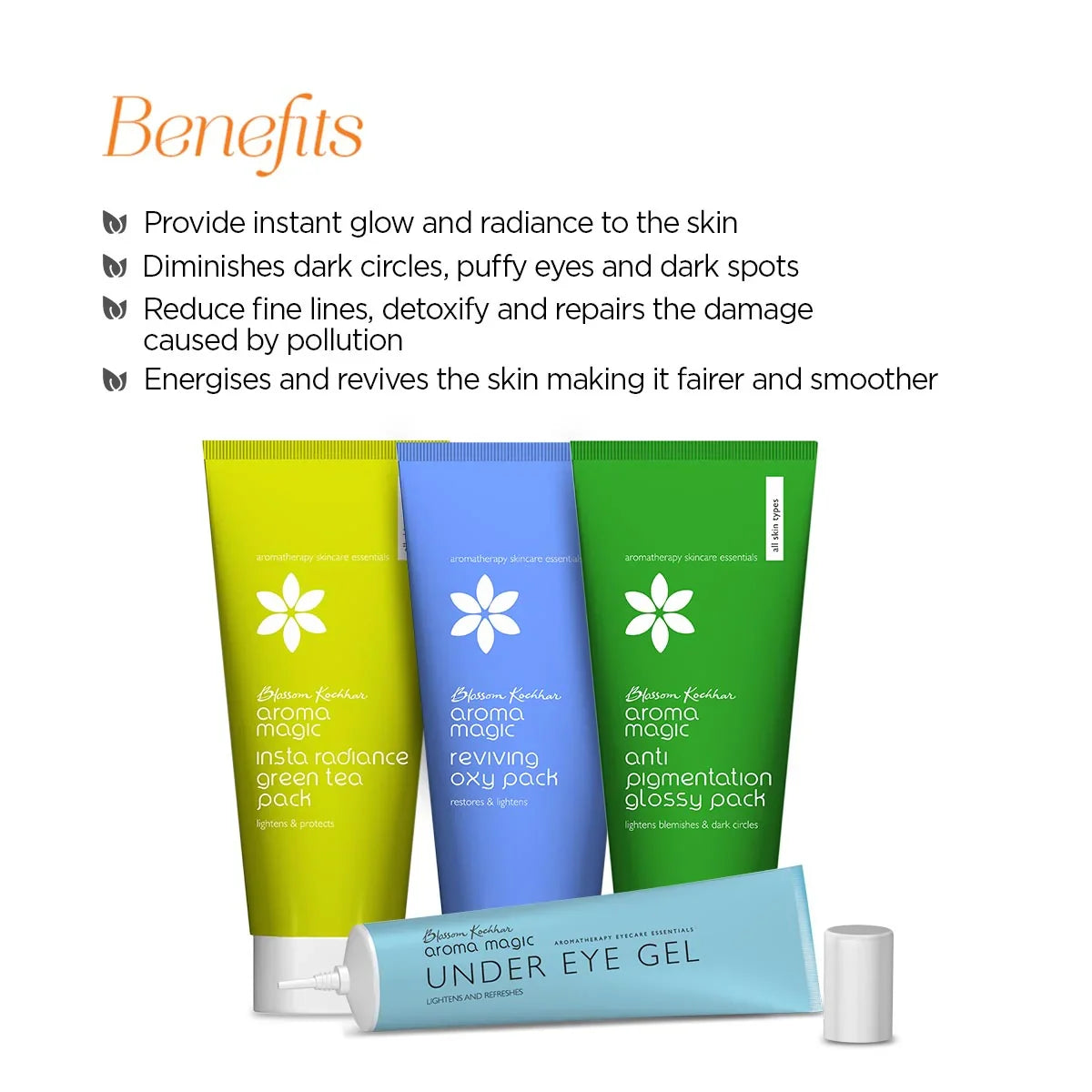 Aroma Magic Face Pack Combo, Insta radiance pack 100g + Reviving Oxy pack 100g + Anti-pigmentation pack 100g + Under eye gel 20g - Image 2 - Buy from Indicrest