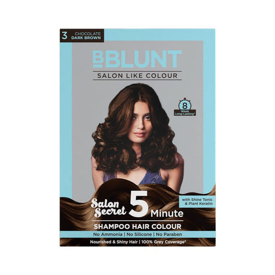 Front view of BBlunt Chocolate Dark Brown 5 Minute Shampoo Hair Colour packaging. Buy at Indicrest