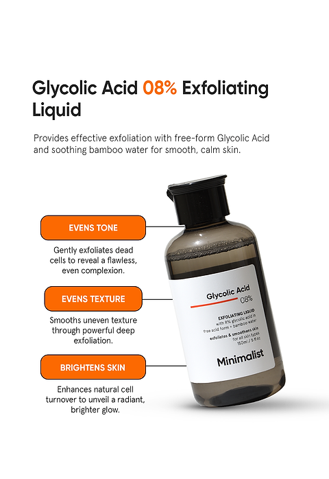 Minimalist Glycolic Acid 8% Exfoliating Liquid For Deep Exfoliation  Even Skin Tone, Texture &amp; Glow, 150ml - Image 3 - Buy from Indicrest